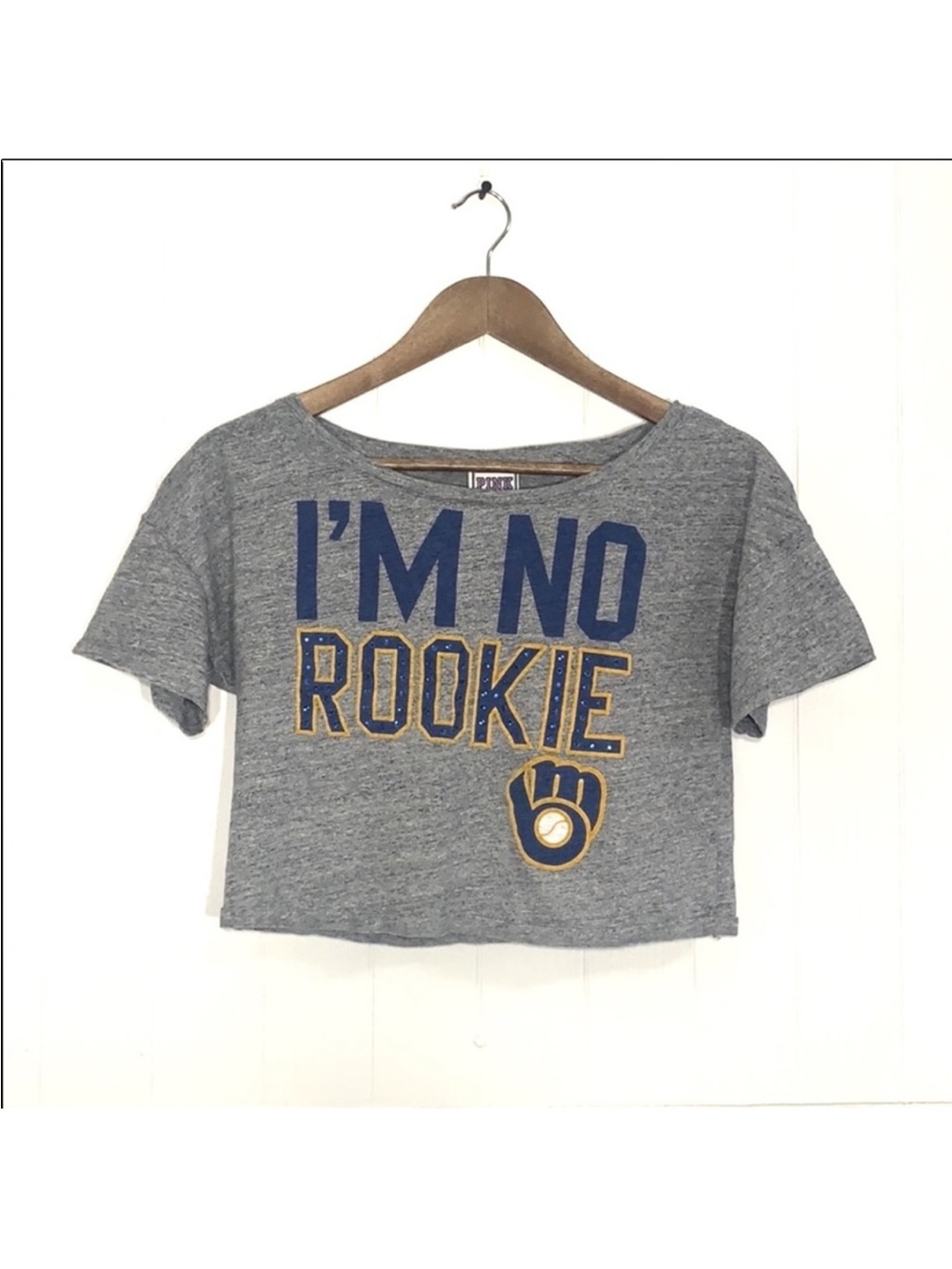 PINK Victoria's Secret Grey Crop Tee with Navy & Gold Graphic